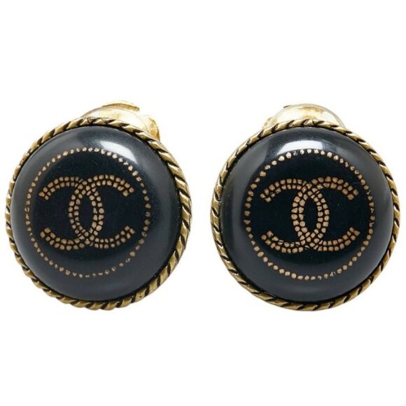 CHANEL CC Logos Black Round Clip-On Earrings Gold Tone 00A Auth w/Box D-222-7 - Picture 1 of 6